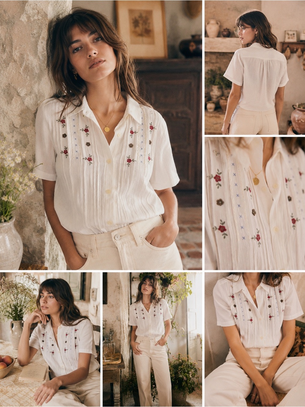 Vintage Cottagecore Button-Down Shirt with Floral Embroidery 12 Petite